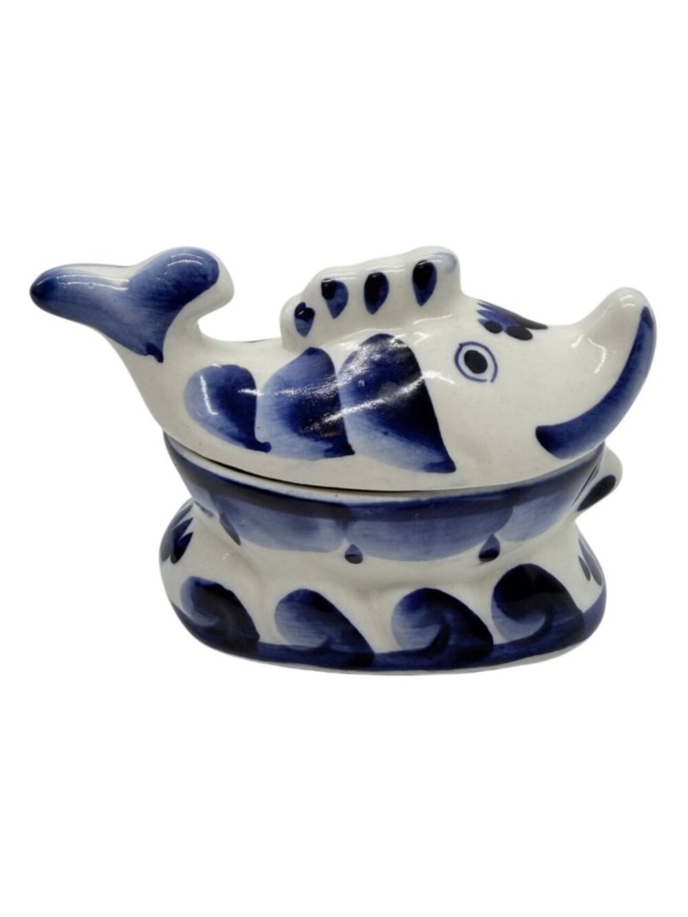 Blue White Fish Caviar Dish Hand Painted Porcelain Covered Server Ikornitsa
